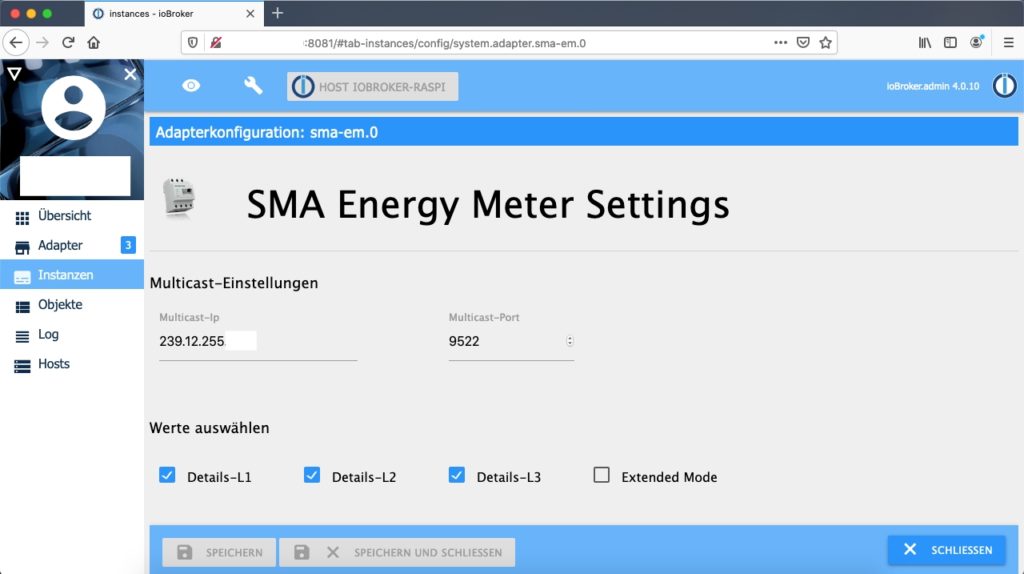 iobroker Adapter SMA Energy Meter Konfiguration